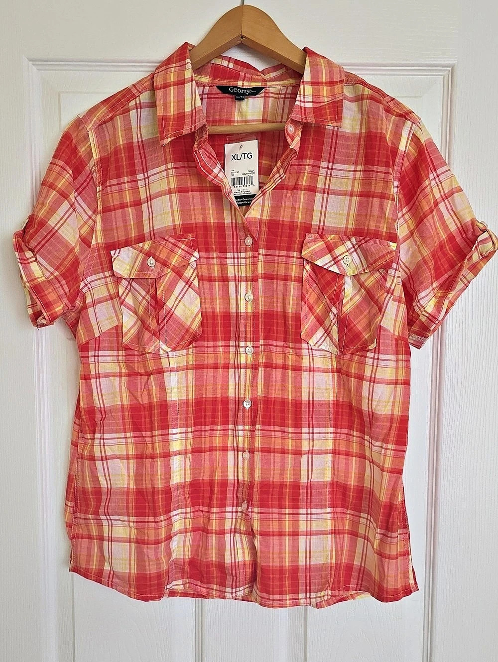 Old Navy Plaid Button Down Shirt in Pink & White Size XL (16) NWT